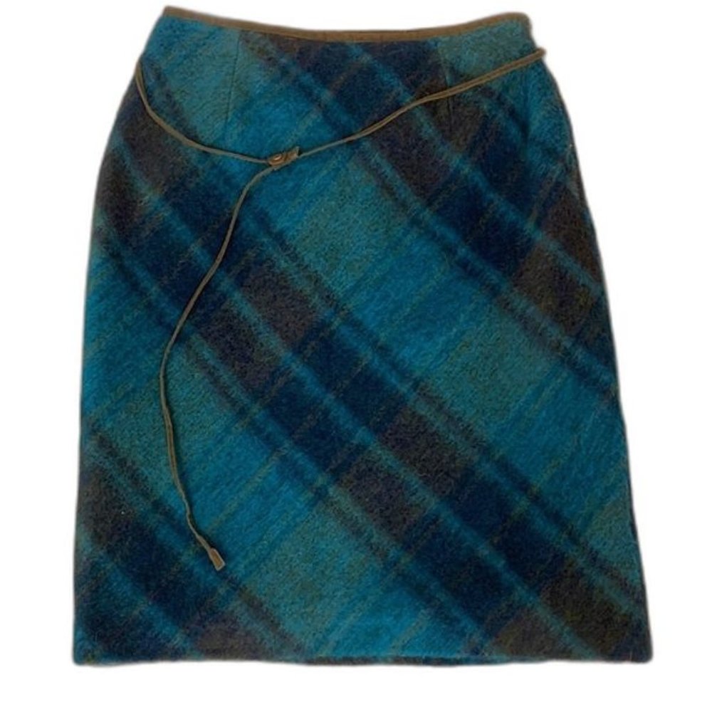 Plaid Pencil Skirt J Jill Blue Teal Wool and Mohair Size 8 w Belt RARE NWT 90s